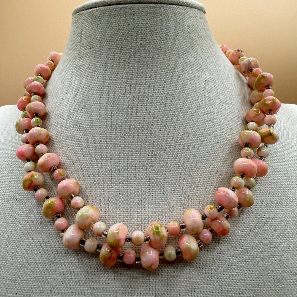 Pink Green Ceramic Bead Double Strand Necklace Cottagecore Boho Statement Gift